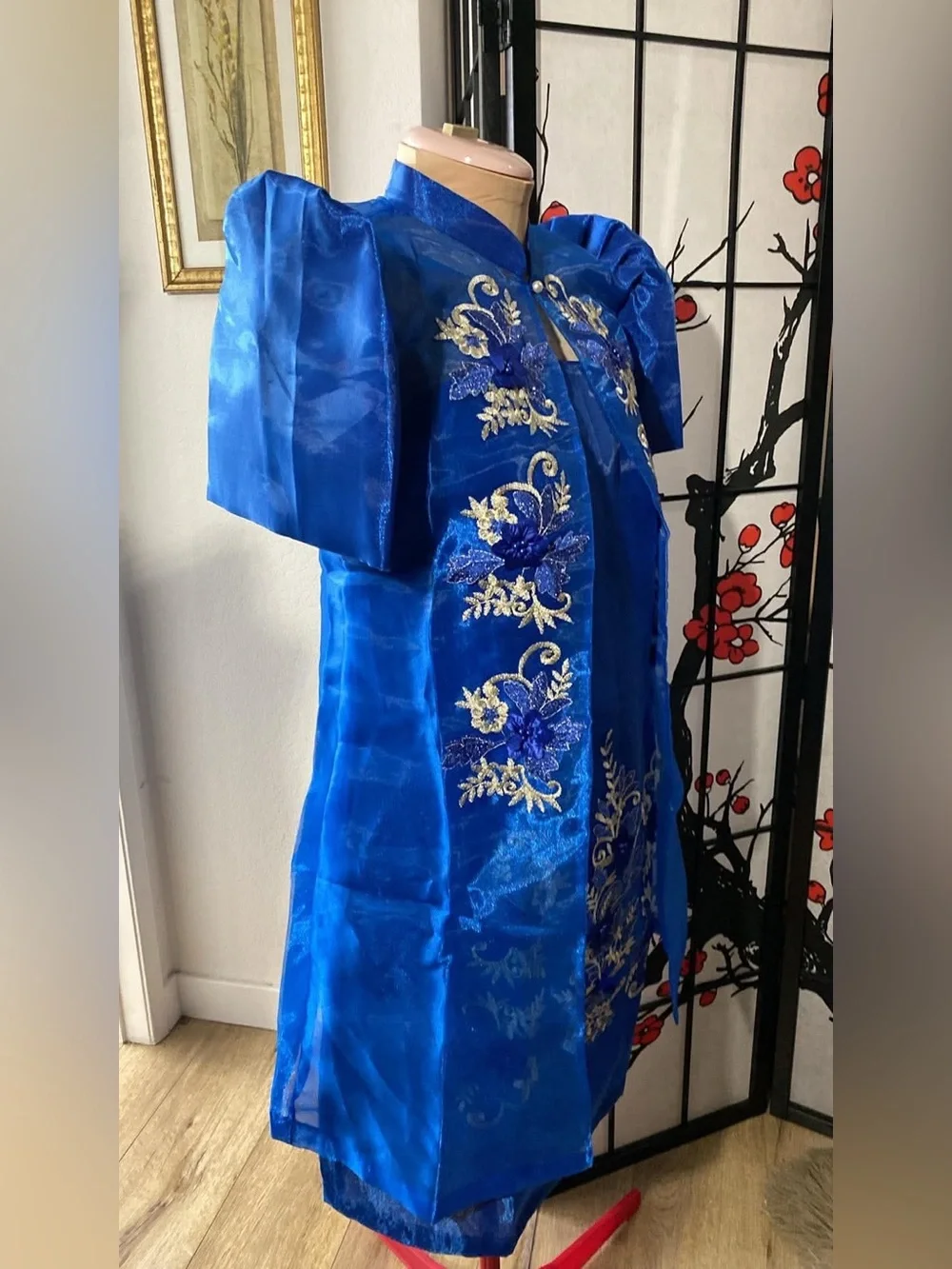 Women’s Filipiniana Blue Embroidered Organza Dress with Set Bolero